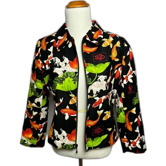 LoriZoni Zip Up jacket blazer size small koi fish print silk cotton blend retro - Picture 2 of 7